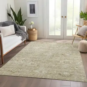 Photo of Beige And Brown Damask Washable Indoor Outdoor Area Rug
