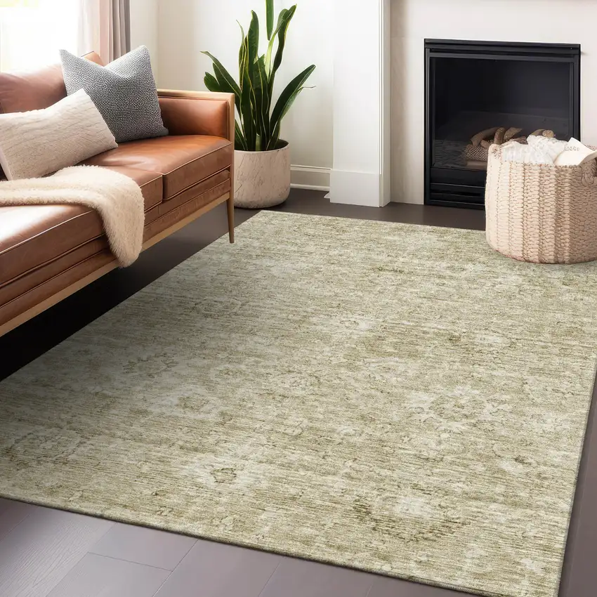 Beige And Brown Damask Washable Indoor Outdoor Area Rug Photo 8