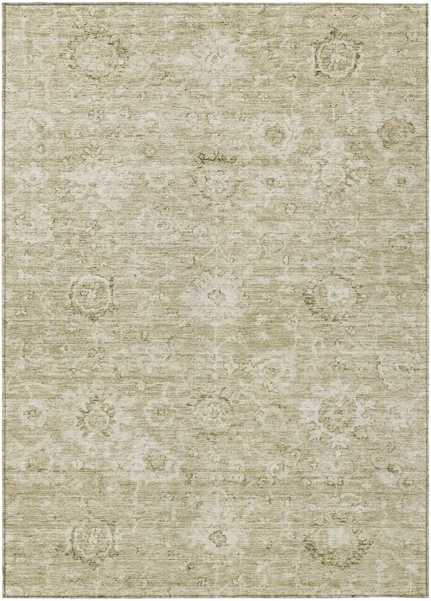 Beige And Brown Damask Washable Indoor Outdoor Area Rug Photo 2