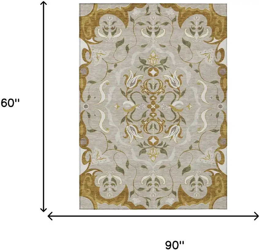 Beige And Brown Damask Washable Indoor Outdoor Area Rug Photo 6