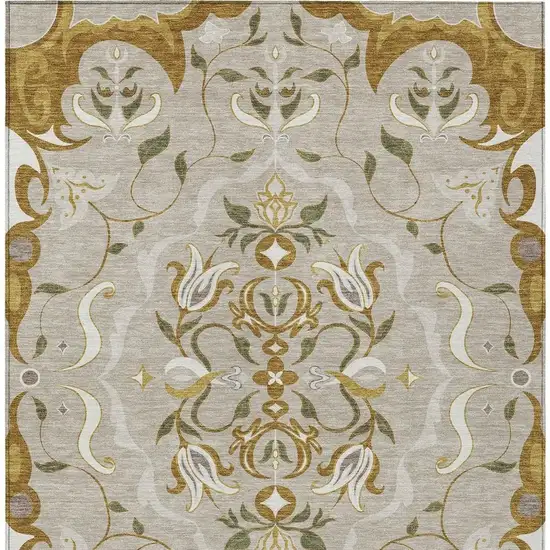 Beige And Brown Damask Washable Indoor Outdoor Area Rug Photo 3
