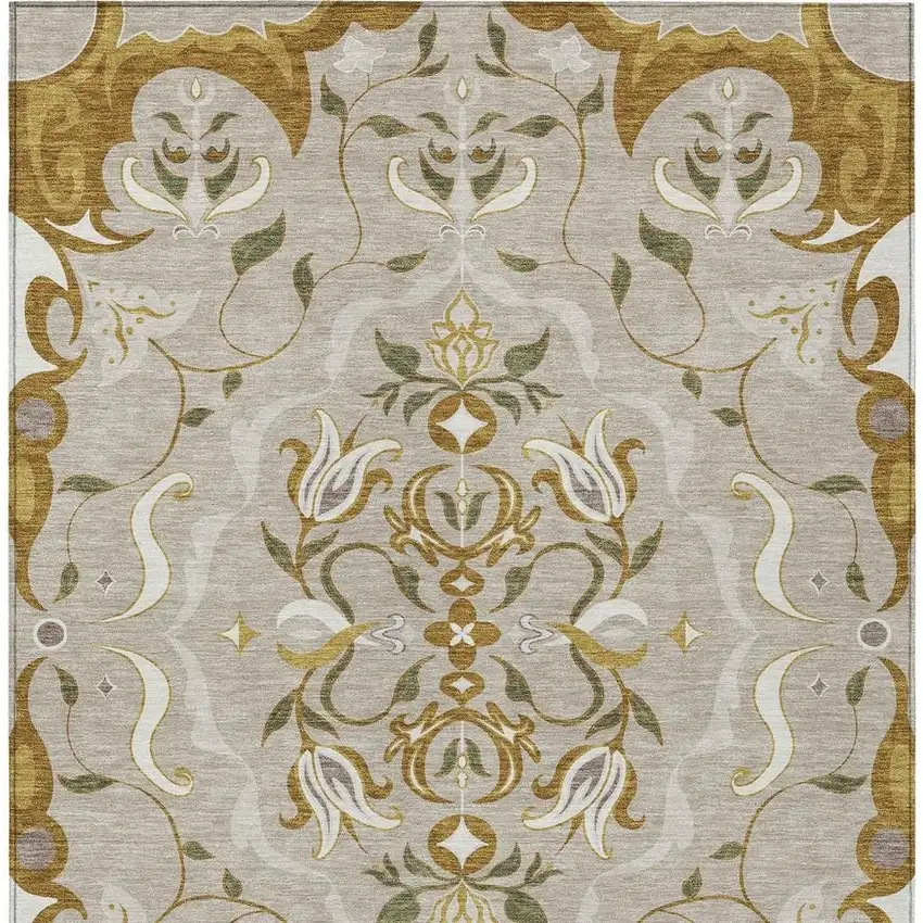 Beige And Brown Damask Washable Indoor Outdoor Area Rug Photo 3
