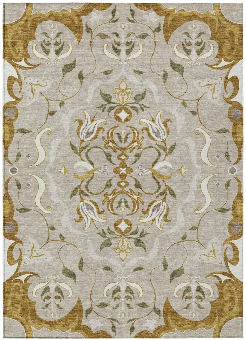 Beige And Brown Damask Washable Indoor Outdoor Area Rug Photo 1