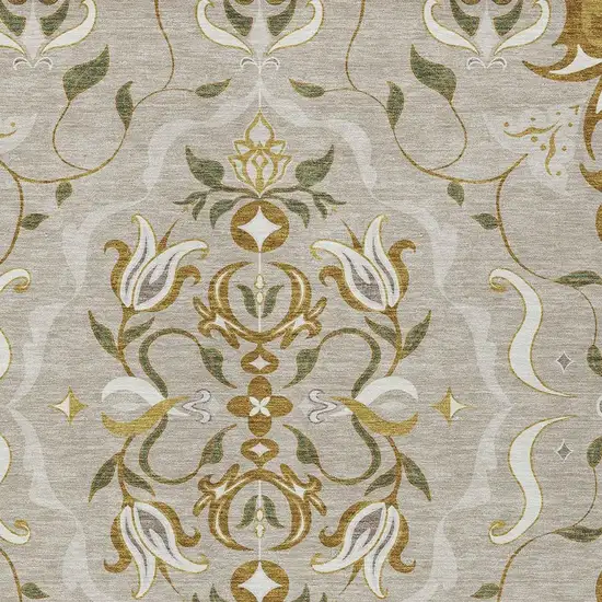 Beige And Brown Damask Washable Indoor Outdoor Area Rug Photo 2
