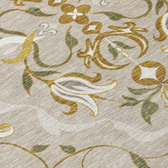 Beige And Brown Damask Washable Indoor Outdoor Area Rug Photo 5