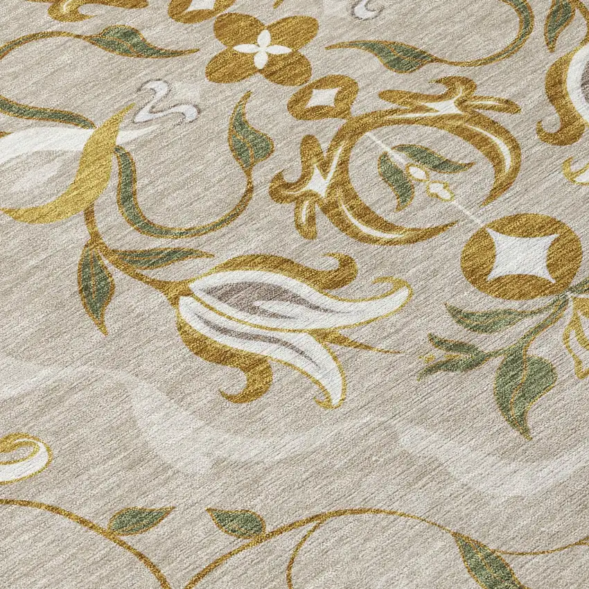 Beige And Brown Damask Washable Indoor Outdoor Area Rug Photo 5