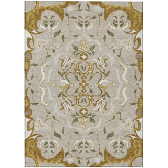 Beige And Brown Damask Washable Indoor Outdoor Area Rug Photo 1