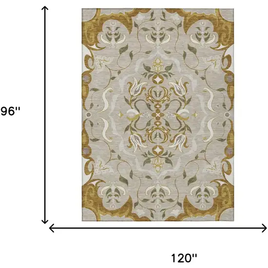 Beige And Brown Damask Washable Indoor Outdoor Area Rug Photo 6