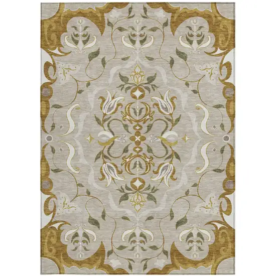 Beige And Brown Damask Washable Indoor Outdoor Area Rug Photo 3
