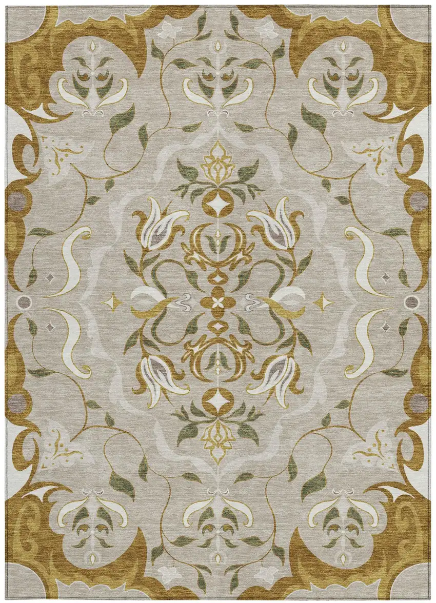 Beige And Brown Damask Washable Indoor Outdoor Area Rug Photo 3