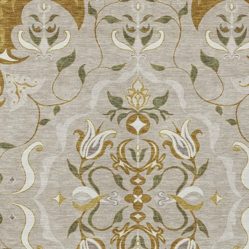 Beige And Brown Damask Washable Indoor Outdoor Area Rug Photo 2