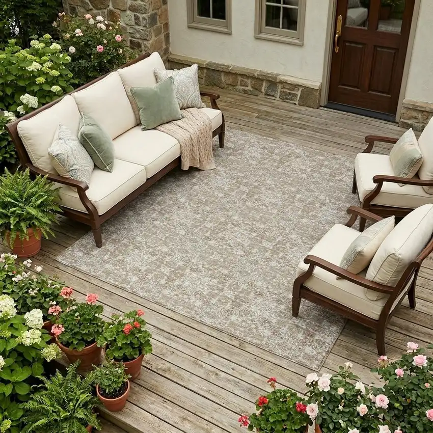 Beige And Brown Damask Washable Indoor Outdoor Area Rug Photo 1
