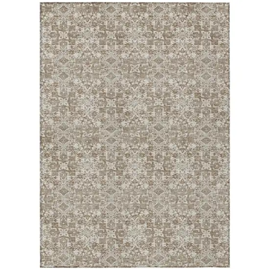 Beige And Brown Damask Washable Indoor Outdoor Area Rug Photo 2