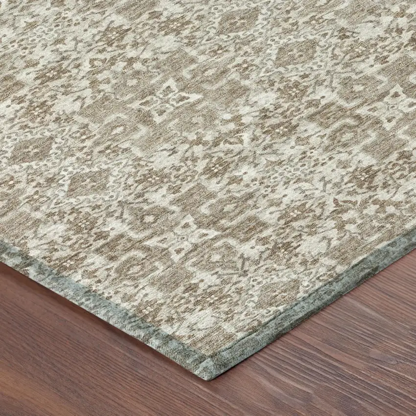 Beige And Brown Damask Washable Indoor Outdoor Area Rug Photo 3