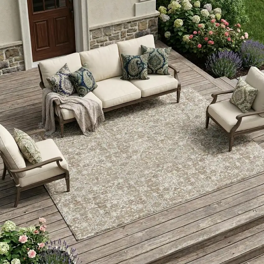 Beige And Brown Damask Washable Indoor Outdoor Area Rug Photo 1