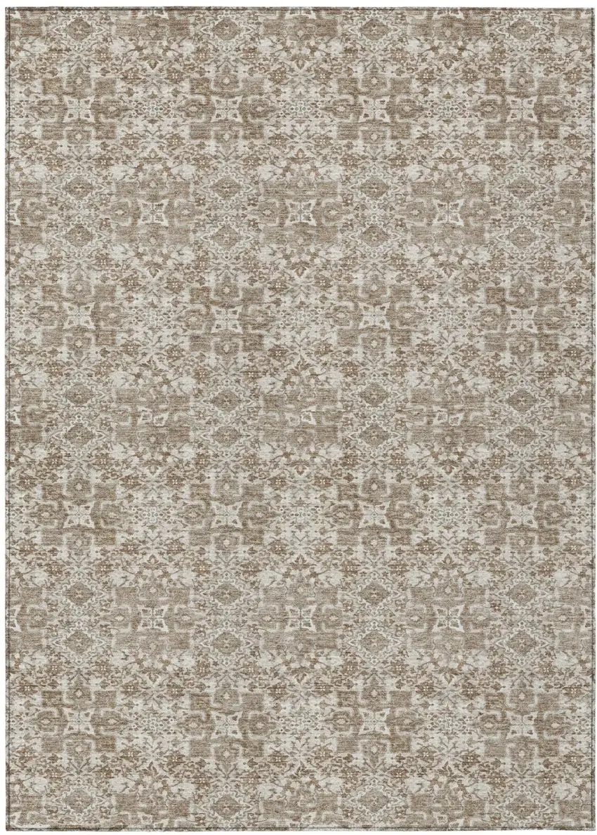 Beige And Brown Damask Washable Indoor Outdoor Area Rug Photo 2