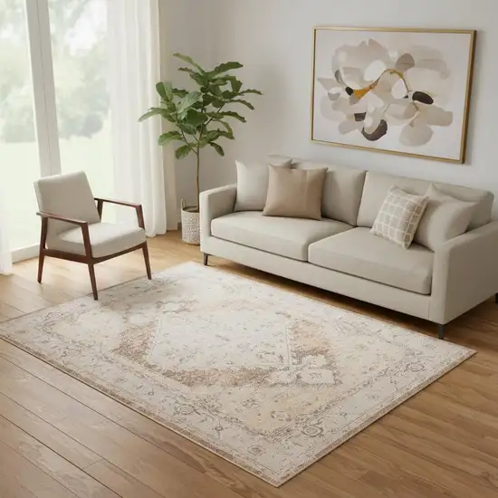 Beige And Brown Floral Distressed Area Rug Photo 1