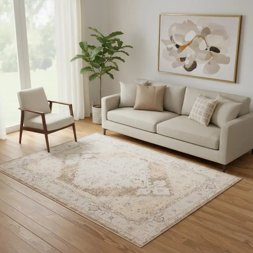 Beige And Brown Floral Distressed Area Rug Photo 1