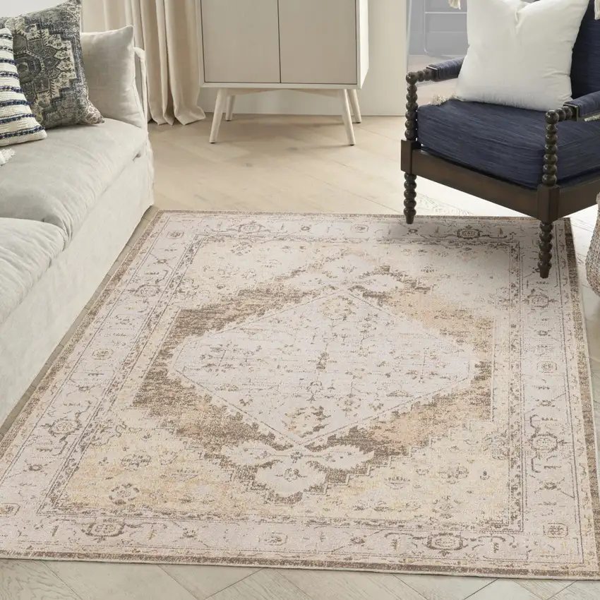 Beige And Brown Floral Distressed Area Rug Photo 4