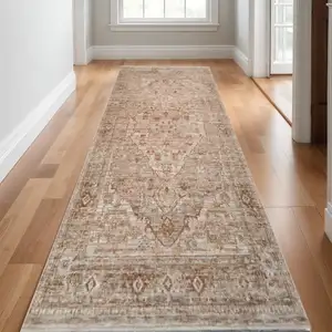 Photo of Beige And Brown Floral Medallion Runner Rug With Fringe