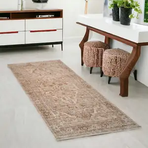 Photo of Beige And Brown Floral Medallion Runner Rug With Fringe