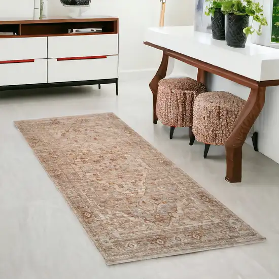 Beige And Brown Floral Medallion Runner Rug With Fringe Photo 1