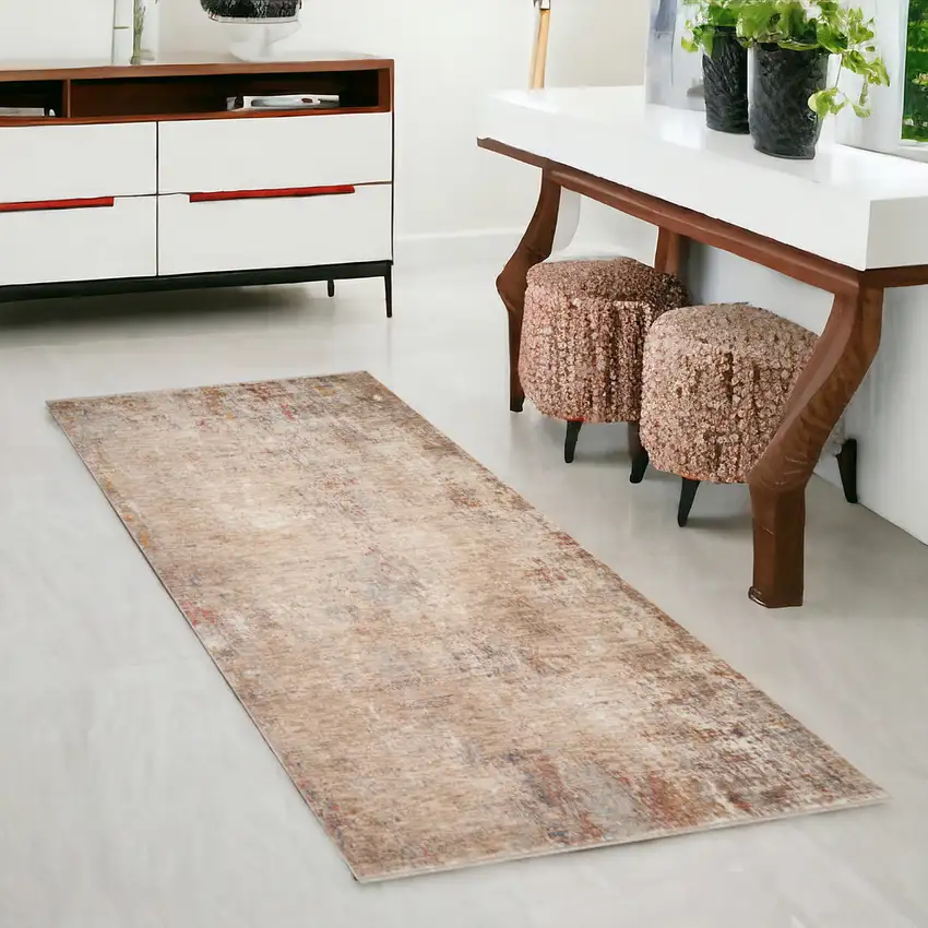 Beige And Brown Floral Medallion Runner Rug With Fringe Photo 1