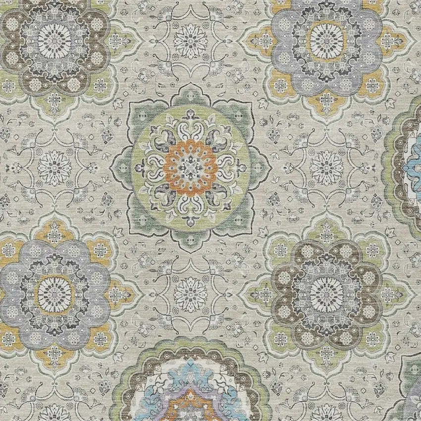 Beige And Brown Floral Medallion Washable Indoor Outdoor Area Rug Photo 5