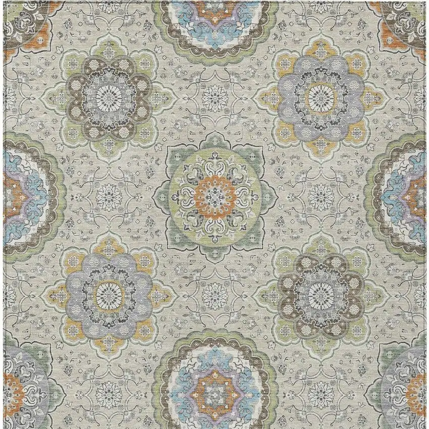 Beige And Brown Floral Medallion Washable Indoor Outdoor Area Rug Photo 4