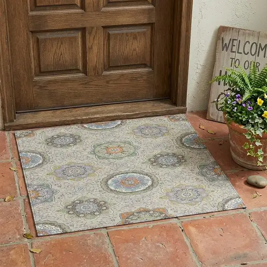 Beige And Brown Floral Medallion Washable Indoor Outdoor Area Rug Photo 1