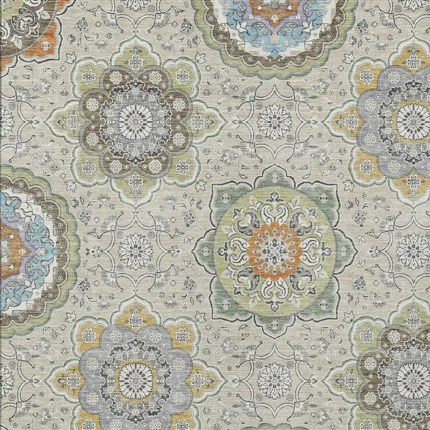 Beige And Brown Floral Medallion Washable Indoor Outdoor Area Rug Photo 3