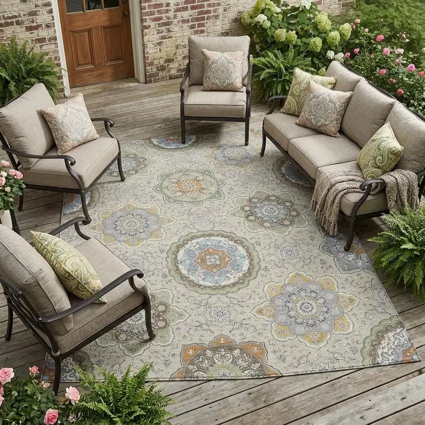 Beige And Brown Floral Medallion Washable Indoor Outdoor Area Rug Photo 1