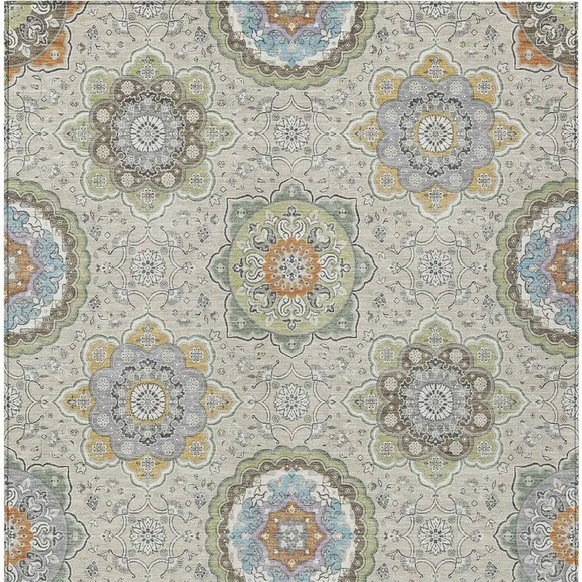 Beige And Brown Floral Medallion Washable Indoor Outdoor Area Rug Photo 6