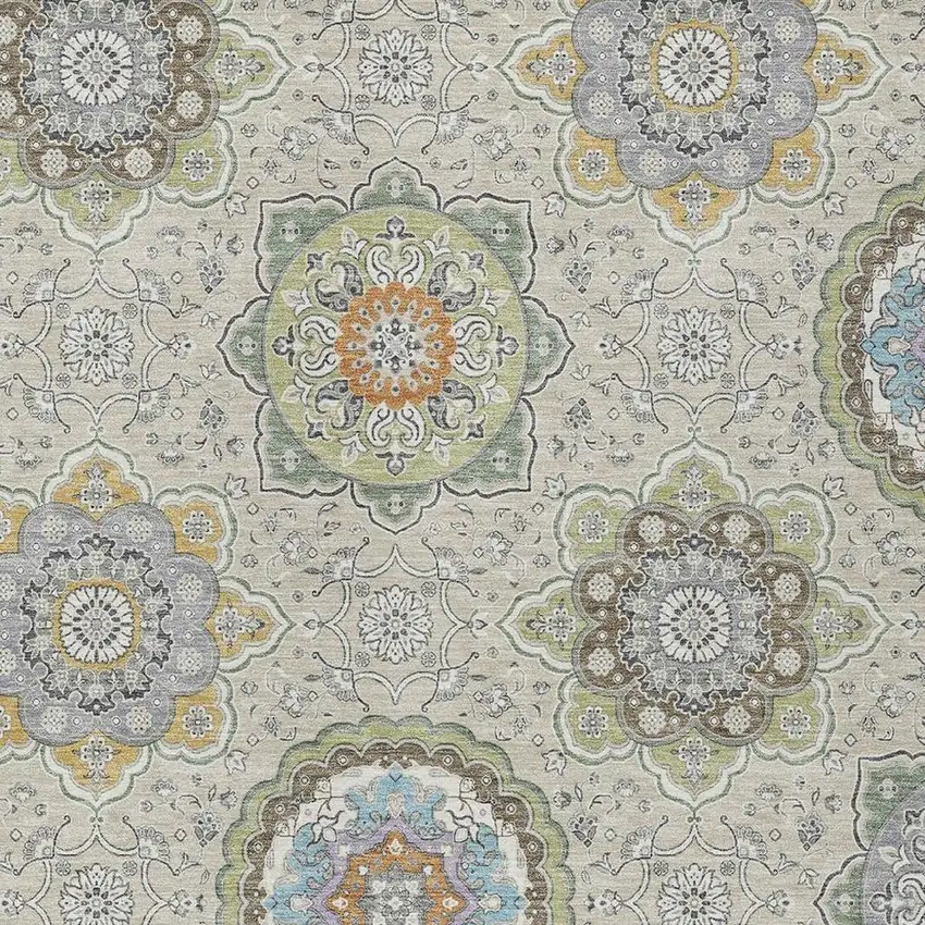 Beige And Brown Floral Medallion Washable Indoor Outdoor Area Rug Photo 3