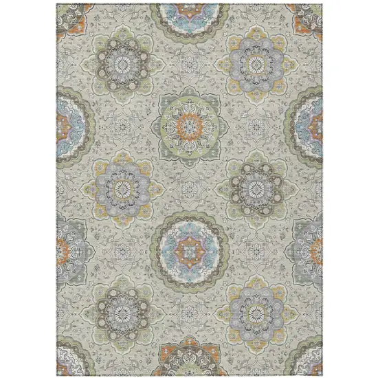 Beige And Brown Floral Medallion Washable Indoor Outdoor Area Rug Photo 2