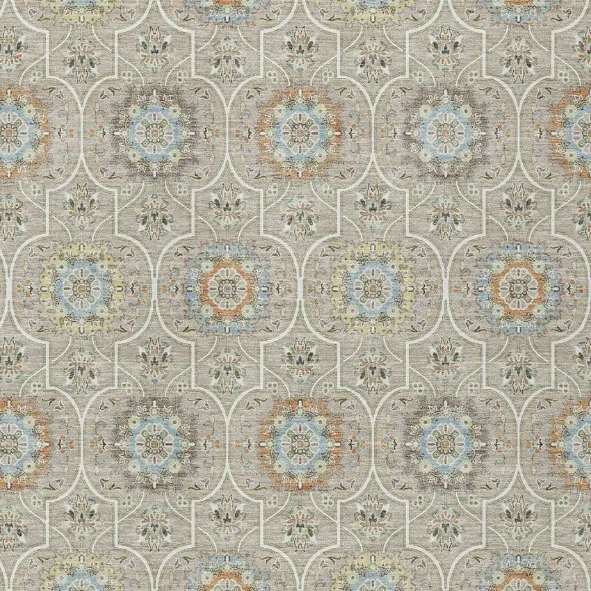 Beige And Brown Floral Medallion Washable Indoor Outdoor Area Rug Photo 5