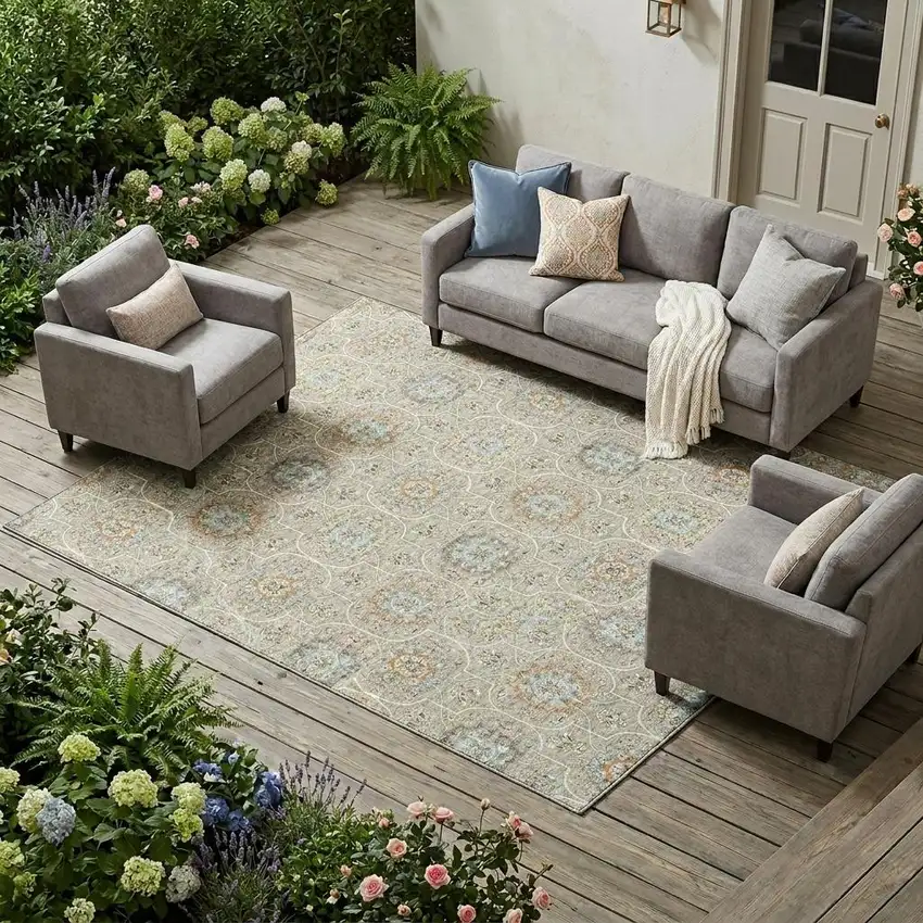 Beige And Brown Floral Medallion Washable Indoor Outdoor Area Rug Photo 1