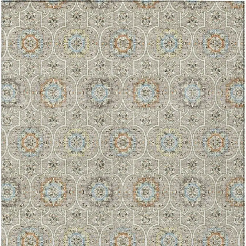 Beige And Brown Floral Medallion Washable Indoor Outdoor Area Rug Photo 6