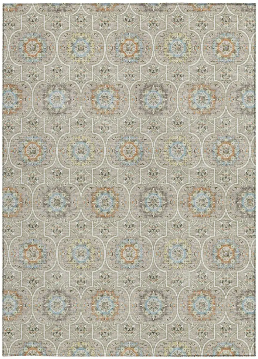 Beige And Brown Floral Medallion Washable Indoor Outdoor Area Rug Photo 4