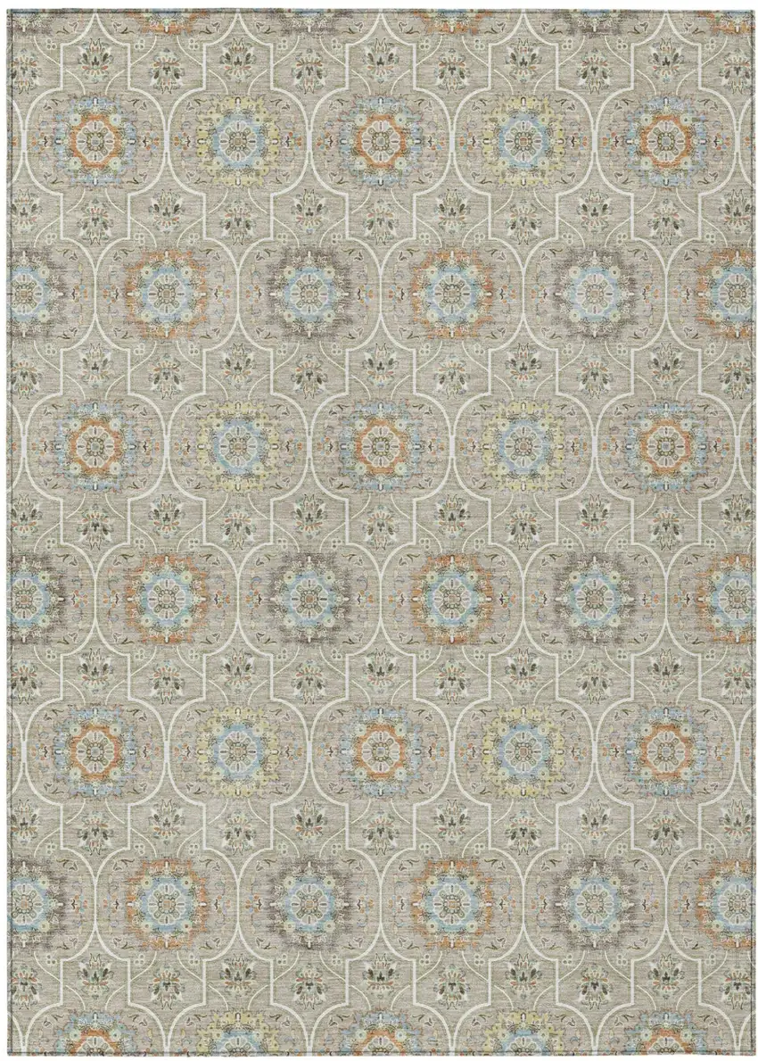 Beige And Brown Floral Medallion Washable Indoor Outdoor Area Rug Photo 2