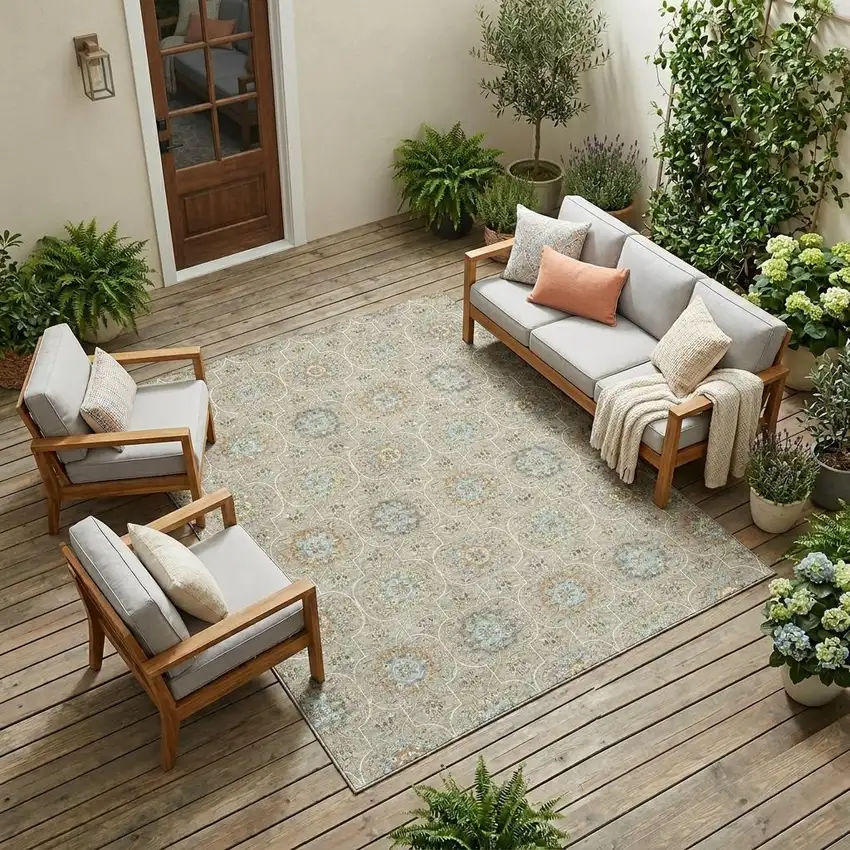 Beige And Brown Floral Medallion Washable Indoor Outdoor Area Rug Photo 1