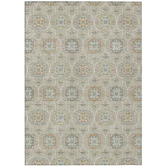 Beige And Brown Floral Medallion Washable Indoor Outdoor Area Rug Photo 2