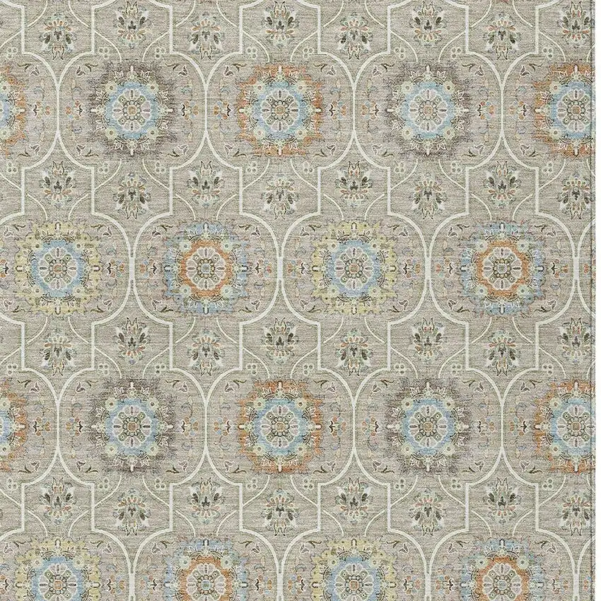 Beige And Brown Floral Medallion Washable Indoor Outdoor Area Rug Photo 3