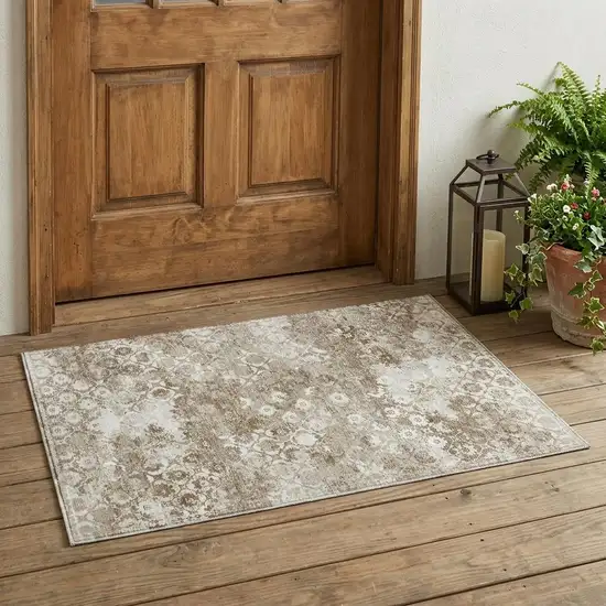 Beige And Brown Floral Medallion Washable Indoor Outdoor Area Rug Photo 1