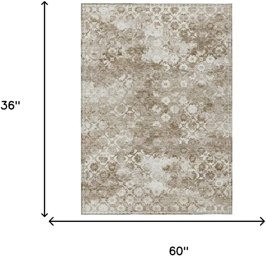Beige And Brown Floral Medallion Washable Indoor Outdoor Area Rug Photo 5