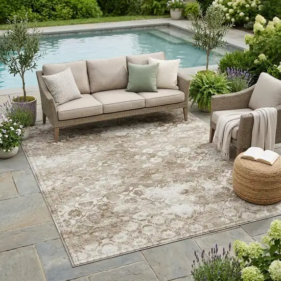 Beige And Brown Floral Medallion Washable Indoor Outdoor Area Rug Photo 1