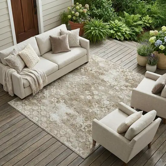 Beige And Brown Floral Medallion Washable Indoor Outdoor Area Rug Photo 1