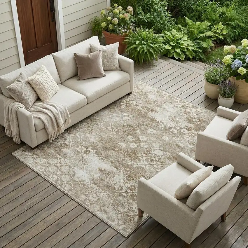 Beige And Brown Floral Medallion Washable Indoor Outdoor Area Rug Photo 1