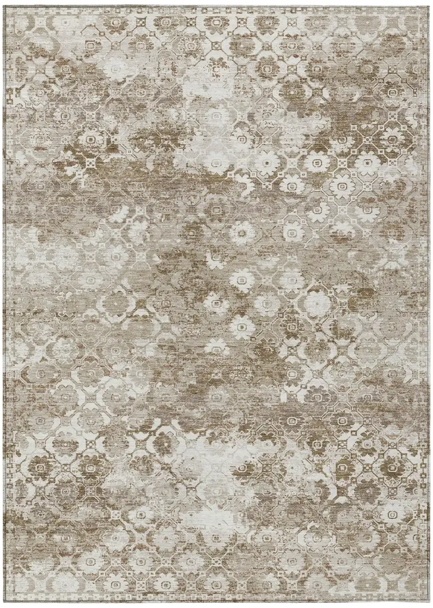 Beige And Brown Floral Medallion Washable Indoor Outdoor Area Rug Photo 2
