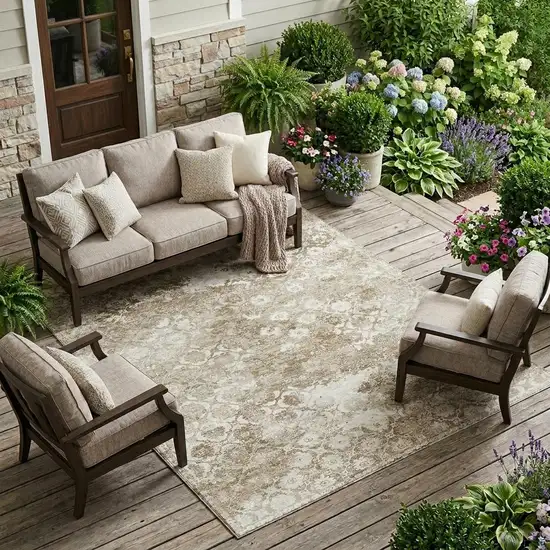 Beige And Brown Floral Medallion Washable Indoor Outdoor Area Rug Photo 1